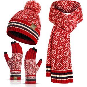 Women's 3Pieces Set Bright Red Fleece Skull Cap Pompom Neck Scarves Gloves